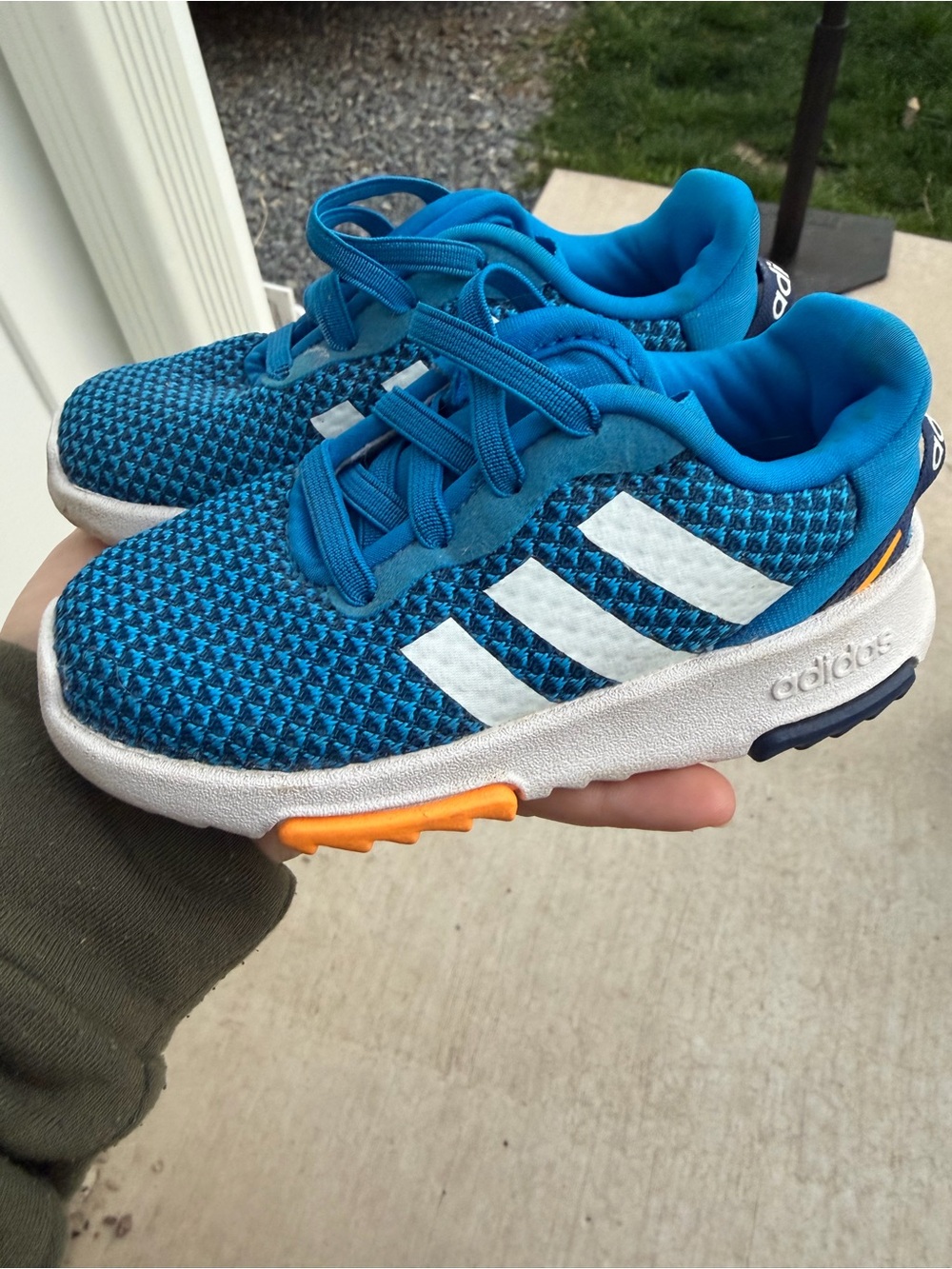 adidas Kids Blue Mesh Sneakers with White Stripes and Orange Accents